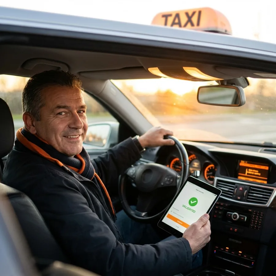 Conductor de Taxi AI validando el código de seguridad del pasajero desde su tableta